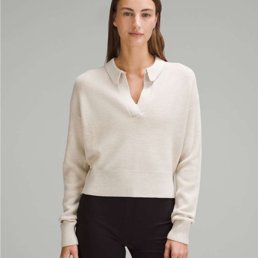 Lululemon Collared Merino Wool-Blend Sweater, Heathered Bone, XS